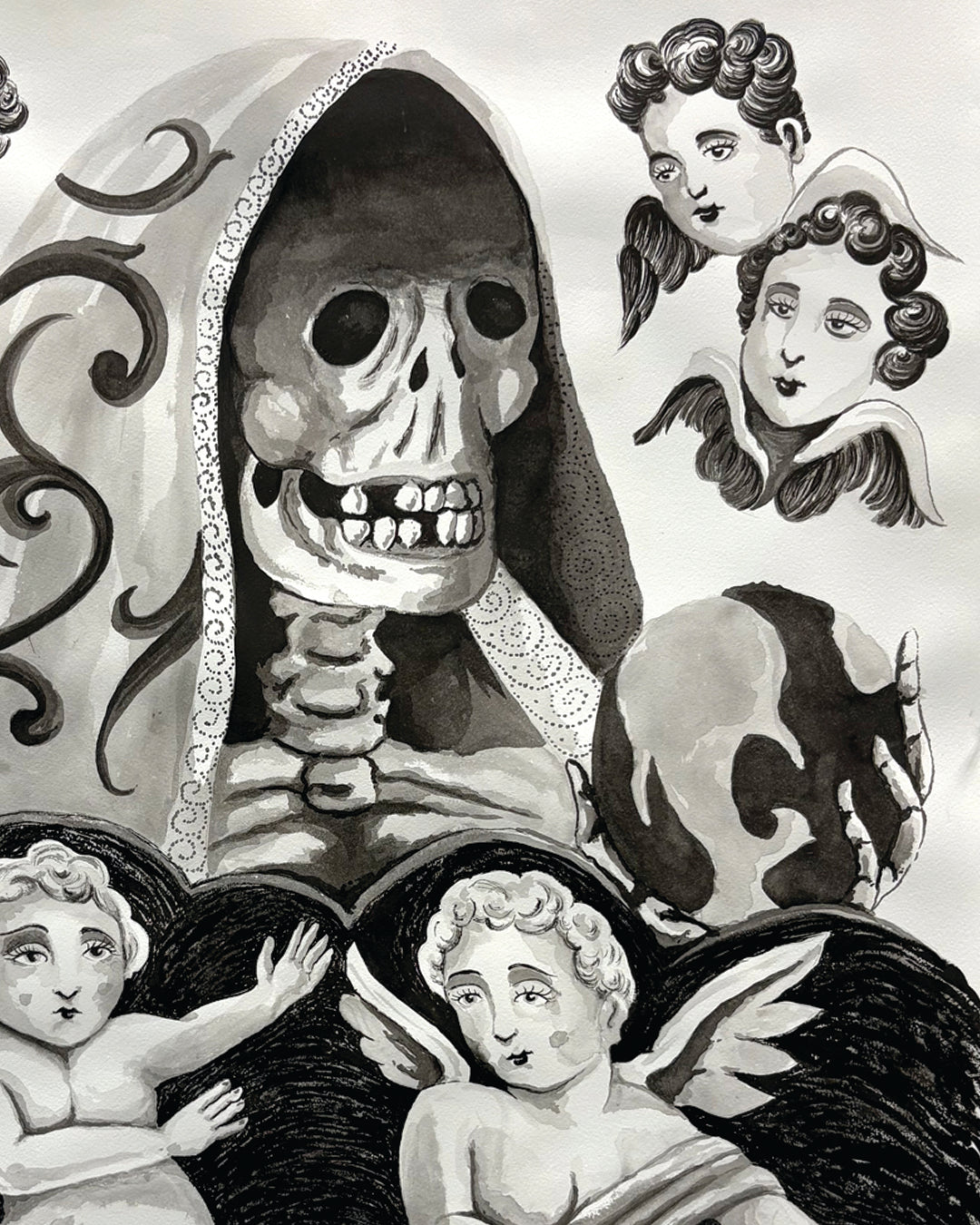 Santa with cherubs Original Drawing